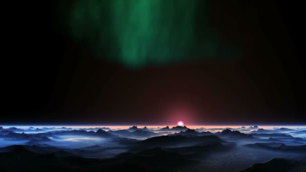 Aurora Boreal Sobre Planeta Alienígena Cielo Oscuro Brilla Las Luces — Vídeos de Stock