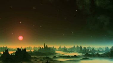 Gökyüzü yabancı gezegenin parıldayan nebulada. Karanlık yıldızlı gökyüzü beyaz ışık yanıp söner vardır. Sisli ufukta bir pembe halo güneşte. Keskin zirveleri ile karanlık kayalar arasında yoğun sarı sis standı. 
