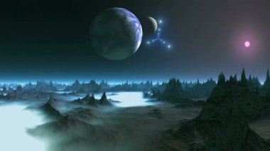 UFO parlayan dans. Yavaş yavaş big planet ve uydu karanlık yıldızlı gökte dönüyor. Parlak UFO güzel sıkı sırayla uçmak. Kalın sütlü sis arasında duran karanlık kayaların üzerinde kırmızı güneş parlıyor.