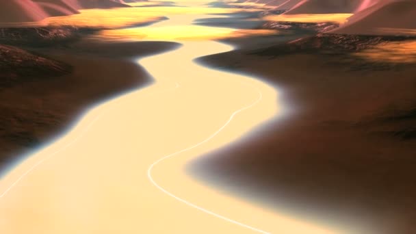 Vol au-dessus d'Alien River. Le lit de la rivière est rempli de brouillard lumineux blanc. Au loin un soleil couchant lumineux. Au-dessus de l'horizon émergent des objets lumineux (ovnis). Dans le ciel étoilé, nébuleuse rouge vif et nuages .