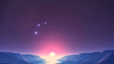 UFO, gündoğumu yabancı gezegende. Bir karanlık yıldızlı gökyüzü büyük gezegende (uydu). Bundan parlak parlak nesneleri (Ufo) sinek ve gökyüzü çapraz. Aydınlık sis ile kaplı bir nehir üzerinde parlak bir güneş doğuyor. 