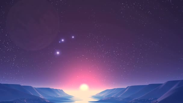OVNI, lever de soleil sur Alien Planet. Sur un ciel étoilé sombre immense planète (lune). De là volent des objets lumineux brillants (OVNI) et traversent le ciel. Un soleil éclatant se lève sur une rivière couverte de brouillard lumineux . 