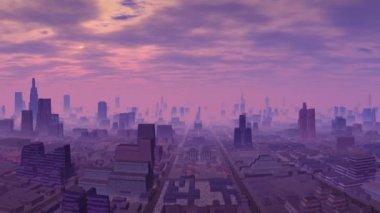 UFO bulutların arkasından görünür. Uzaylı şehir leylak sis üzerinde. Gökyüzünde, kalın bulutlar yavaş yavaş dağıtmak ve parlak ışıklar ile büyük bir Ufo görünür duruma gelir. Kentin parlak sarı güneşin ışıkları. 