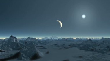 Yabancı gezegende batışı. Karanlık gökyüzünde parlak güneş ayarı gezegen (uydu) aydınlatır. Dağlar ve ovalar karla kaplıdır. Ufuk parlayan beyaz sis yukarıda. 