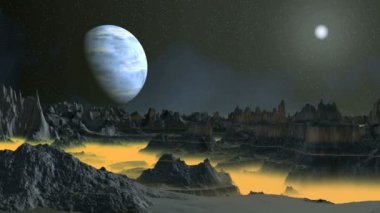 Yabancı bir gezegende toksik sis. Bir karanlık yıldızlı gökyüzü büyük mavi gezegen (uydu) ve parlak batan güneşin üzerinde. Keskin zirveleri ile karanlık kayalar arasında kalın turuncu parlak sis standı.