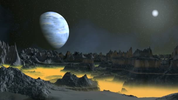 Giftig Dimma Främmande Planet Mörk Stjärnhimmel Stora Blå Planet Måne — Stockvideo