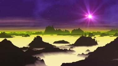 Yıldız (Ufo) yabancı gezegenin üzerinde. Parlak nesne (Ufo) hızlı bir şekilde koyu mor gökyüzünde uçar. Parlak bir yıldız parlıyor, nadir bulutlar yavaş yavaş yüzen. Sütlü sis karanlık uçurum yükselişi. 