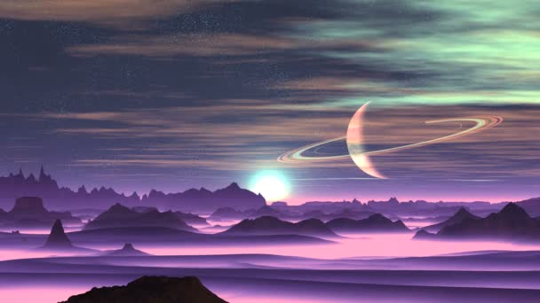 Sunrise Alien Planet Dark Cliffs Stand Thick Lilac Fog Bright — Stock Video