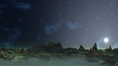 Sunset Bulvarında yıldız sis arka plan. Karanlık yıldızlı gökyüzü beyaz bir sis yanıp söner. Parlak beyaz güneş yavaş yavaş batar. Rocky Dağları kar ile kaplı. 