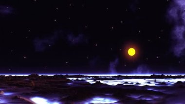 Günbatımı ve yıldız sis. Karanlık yıldızlı gökyüzü yıldızlı sis flare. Parlak sarı güneşin ufukta ayarlar. Kalın beyaz parlayan sis içinde ovalar yer alır. Mor ışık ile karanlık dağlarında su basmış.