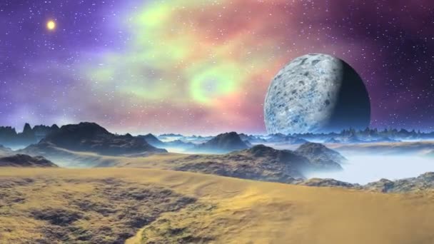 Alien Moon Och Nebula Stjärnhimmel Färgglada Nebula Och Ljusa Solen — Stockvideo