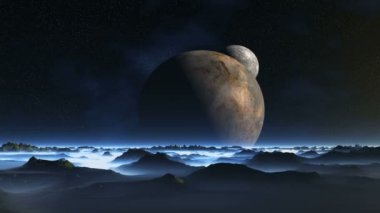 Misty Planet üzerinden iki ay. İki gezegenin karanlık yıldızlı gökyüzü döndürün. Kara Tepeler ve dağlar, ovalar kalın beyaz sis yatıyor. Ufuk siste. 