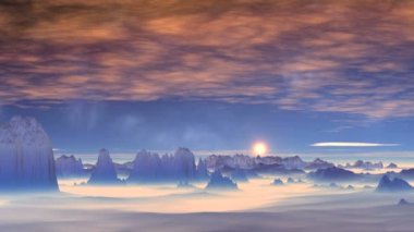 Günbatımı pembe bulutlara. Parlak güneş yüksek bulutlar pembe renk. Koyu mavi kayalıklarla ve tepeler ile yoğun beyaz sis kaplı. Yıldız ve bulutsu mavi gökyüzü.