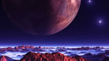 İki ay ve güneşin yabancı gezegenin üzerinde. Karanlık yıldızlı gökyüzü iki aylar ve parlak bir güneş üzerinde. Karanlık yıldızlı gökyüzü iki aylar ve parlak bir güneş üzerinde. Manzara mor ışık dolu. 