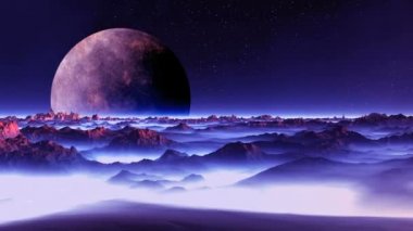 Uzaylı Moon Misty gezegen üzerinde. Büyük bir gezegen (uydu) yavaş yavaş bir karanlık yıldızlı gökyüzü üzerinde döner. Çöl dağ manzara mor ışık dolu. Ovalar kalın beyaz sis içinde.