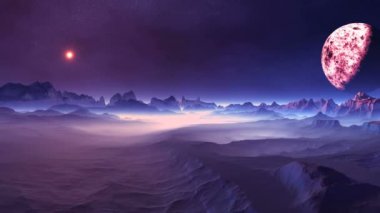 Değiştirilebilir gündoğumu yabancı gezegende. Parlak güneşin karanlık yıldızlı gökyüzü taşır. Ufuk büyük bir gezegen (uydu) yavaş yavaş döner. Gorges yoğun beyaz sis. Yeşil için mor aydınlatma değişiklikleri. 