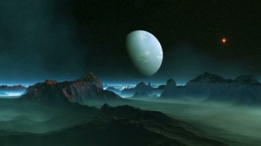 Blue Moon ve Ufo. Büyük mavi gezegenin karanlık yıldızlı gökyüzü yavaş yavaş döner. Parlak kırmızı nesne (Ufo) tarafından hızla uçuyor. Karanlık dağlar ovalar içinde kalın beyaz sis yatıyor.