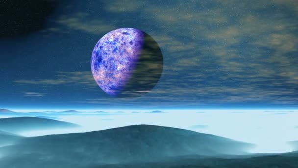 Фіолетовий Місяця Над Блакитної Планети Величезний Пурпурний Планети Пролетів Через — стокове відео