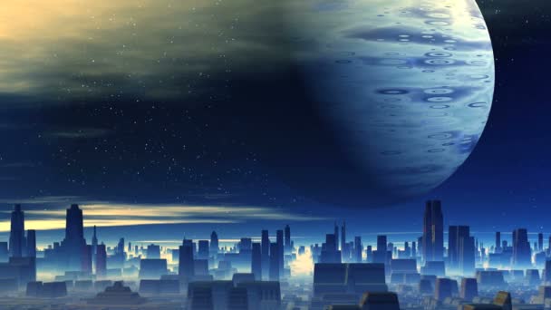 Enorme Planeta Sobre Alien City Ciudad Espesa Niebla Blanca Oscuro — Vídeo de stock