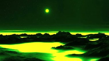 Toksik gezegen ve Alien Moon. Parlak güneşin sarı sis içinde hızlı bir şekilde ayarlar. Karanlık gökyüzü, büyük bir yeşil gezegen. Düşük float puslu ufuk yukarıda bulutlar. Karanlık dağlarında aşağılarda içinde sarı-yeşil sis..