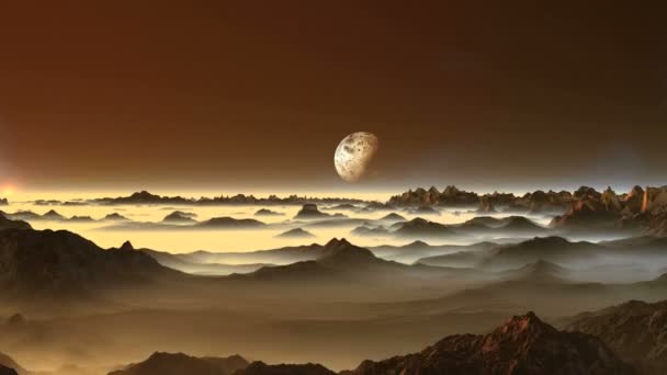 Lune extraterrestre au-dessus des montagnes brumeuses. Dans le ciel étoilé sombre au-dessus de l'horizon brumeux une grande planète. Entre les montagnes se trouve un épais brouillard blanc. La caméra survole rapidement les montagnes, une planète (lune) approche . 