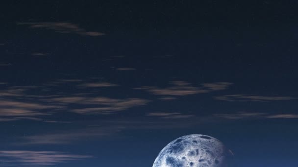Moon Sobre Alien City Céu Estrelado Escuro Aparece Planeta Debaixo — Vídeo de Stock