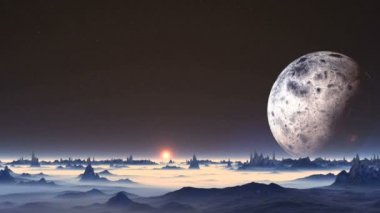 Sunrise yabancı gezegende. Karanlık yıldızlı gökyüzü büyük gezegen. Parlak bir turuncu güneş yavaş yavaş sisli ufukta yükselir. Mavi kayalar arasında kalın beyaz sis standı. 