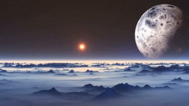 Uçuş yabancı gezegenin üzerinde. Yukarıda puslu ufuk büyük bir mavi gezegen, parlak güneşin yıldızlı gökyüzü altında. Çöl peyzaj dağlar ve vadilerden oluşan kalın mavi pus ile kaplıdır.