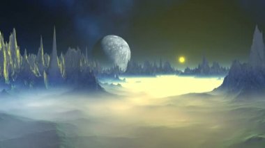 Gizemli Alien Planet. Parlak sarı güneş kayalık sisli bir gezegende yükselir. Karanlık yıldızlı gökyüzü Nebulası ve ufukta büyük bir ay. Sis yavaşça dağılıyor.