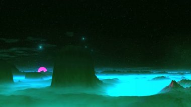 Uzaylı Gezegeninin Üzerinde Ufo Dansı. Koyu kayalıklar ve tepeler kalın mavi-yeşil sis arasında duruyor. Ufukta parlak pembe bir güneş. Yavaşça alçak bulutlar yüzer. Parlak parlak nesneler (Ufo) hızla karanlık yıldızlı gökyüzünde sinek. Uçuşları dans gibi..