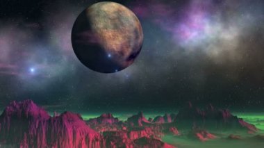 Uzaylı Gezegeninin Üzerinde Ufo Dansı. Koyu kayalıklar ve tepeler kalın mavi-yeşil sis arasında duruyor. Ufukta parlak pembe bir güneş. Yavaşça alçak bulutlar yüzer. Parlak parlak nesneler (Ufo) hızla karanlık yıldızlı gökyüzünde sinek. Uçuşları dans gibi..