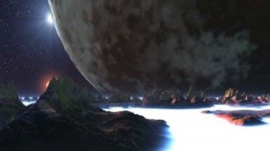 Giant Moon ve Alien Planet üzerinde Iki güneşler. Dağların üzerinde, kalın beyaz sis arasında ayakta, dev bir gezegen (ay) yavaş döner. Karanlık bir yıldızlı gökyüzünde iki parlak güneş gezegeni aydınlatır. 