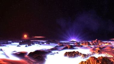 İki Güneş ve Bir Uzaylı Gezegeninde Gün Doğumu. Karanlık yıldızlı bir gökyüzünde parlak turuncu bir güneş doğar. Ufukta, ikinci bir beyaz güneş parlak ışınlar yakar. Nadir bulutlar yavaşça yüzer. Kayalar kalın beyaz sis arasında.