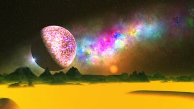Ufo, Ay ve Bir Uzaylı Gezegeni üzerinde Güzel Bulutsu. Karanlık yıldızlı gökyüzünde güzel renkli bulutsu. Ufkun üzerinde parlak turuncu bir güneş ve büyük bir gezegen (ay) vardır. Parlak mavi nesneler (Ufo) karanlık dağların üzerinde hızlı bir şekilde uçmak.
