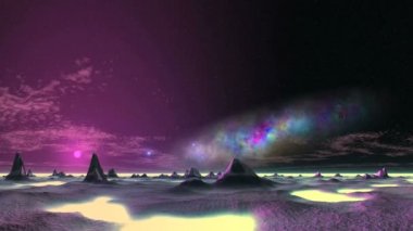 Bir Uzaylı Çölü üzerinde güzel Bulutsu ve Ufo. Karanlık yıldızlı bir gökyüzünde büyük renkli bulutsu. Parlak mavi nesneler (Ufolar) hızla yabancı çöl üzerinde uçmak. Ovalarda ve ufkun üstünde sarı sis var. Parlak güneş batıyor. Yavaş yüzen bulutlar.