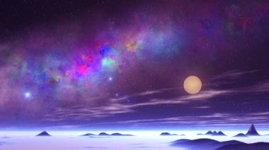 Bir Yabancı Gezegen üzerinde güzel Bulutsu ve Ufo. Karanlık yıldızlı bir gökyüzünde büyük renkli bulutsu. Parlak mavi nesneler (Ufolar) hızla yabancı çöl üzerinde uçmak. Ovalarda ve ufkun üstünde mavi sis var. Parlak güneş batıyor. Yavaş yüzen bulutlar.