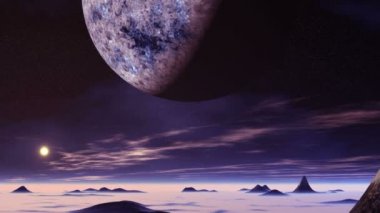 Büyük Alien Planet ve Sunrise. Cansız çöl pembe ışıkla doldu. Ovalarda ve ufkun üzerinde kalın beyaz bir sis var. Karanlık yıldızlı gökyüzünde büyük mavi bir gezegen ve bulutsu. Parlak güneş doğar. Yavaş yüzen bulutlar.
