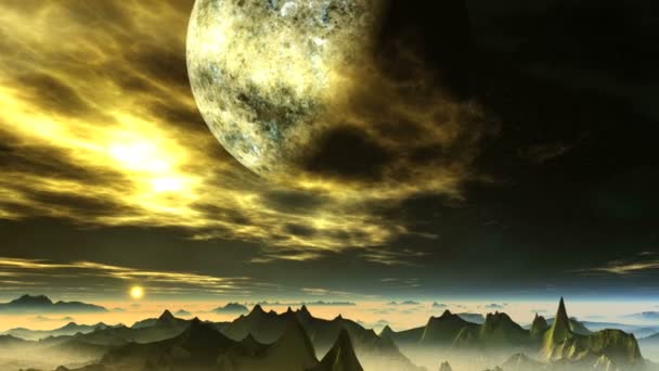 Alien Planet Flaming Clouds Dans Ciel Étoilé Sombre Une Grande — Video