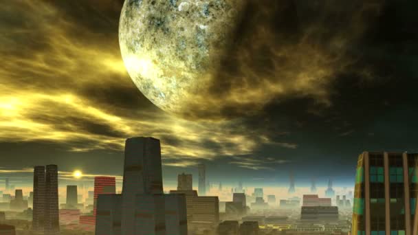 Planet Flaming Clouds Alien City Dans Ciel Étoilé Sombre Une — Video