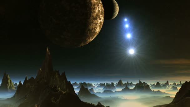 Two Moon Shooting Stars Alien Planet Mountains Dark Starry Sky — ストック動画