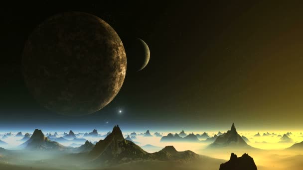 Two Moon Ufo Group Peste Munţi Cer Înstelat Întunecat Două — Videoclip de stoc