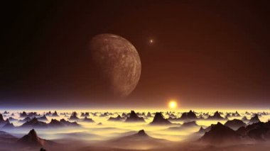 Uzaylı Gezegeni 'ne karşı Ufo. Dev aydan parlak bir nesne (Ufo) uçar. Puslu ufukta, sarı bir ışık halkası içinde batan güneş. Çöl kayalıkları yoğun sisin arasındadır..