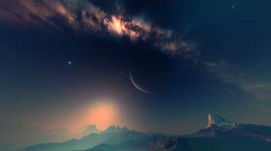 Bir Uzaylı Gezegeni 'nde Gizemli Gün Doğumu. Kayalar yoğun kahverengi siste. Ufuktan parlak bir güneş yükselir ve büyük bir ayın arkasına saklanır. Karanlık yıldızlı gökyüzünde, parlak bir nebula.