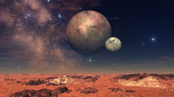 Twee Manen Boven Het Buitenaardse Landschap Twee Planeten Manen Draaien — Stockvideo