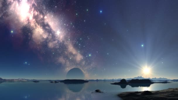 ワタクシ湖の日の出 暗い空では 地平線の上に明るい星 があります 太陽が昇ると水に反映され 岩や島の間に注がれます ストック映像