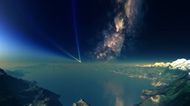 행성의 레이즈 안개낀 지평선 위에는 물체가 광선을 방출한다 하늘에 주황색해 — 비디오