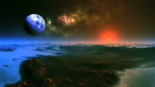 Röd Soluppgång Alien Planet Ljus Sol Stiger Sakta Upp Från — Stockvideo