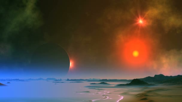 Uzaylı Denizi Üzerindeki Kızıl Güneş Karanlık Gökyüzünde Parlak Yıldızlar Bir — Stok video