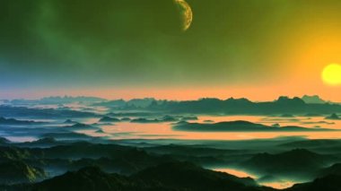 Uzaylı Gezegeni 'nin üzerinde Parlak Gün Doğumu. Puslu ufuktan parlak sarı bir güneş yükseliyor. Karanlık yıldızlı gökyüzünde, bir nebula ve bir gezegende. Karanlık uçurumlar mavi sislerin arasında duruyor.