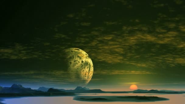 Lune énorme et lever de soleil doux. Un épais brouillard se déverse entre les collines. Au-dessus de l'horizon se trouve une immense planète. Le soleil se lève lentement. Les nuages flottent. 